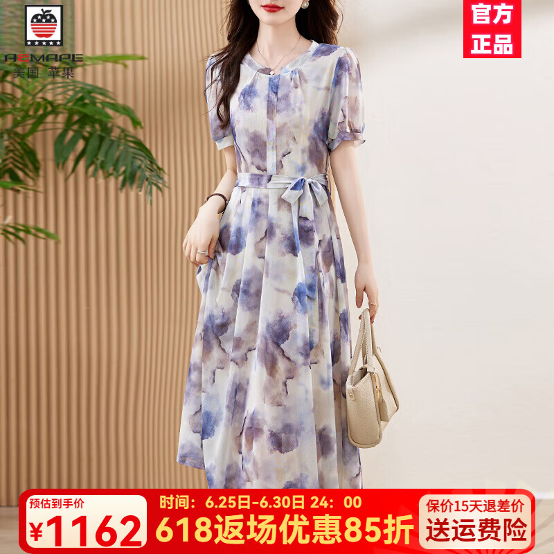 AEMAPE連衣裙女春夏2025新款輕奢感氣質(zhì)媽媽裝洋氣精致絕美薄紗印花裙子 圖片色 2XL