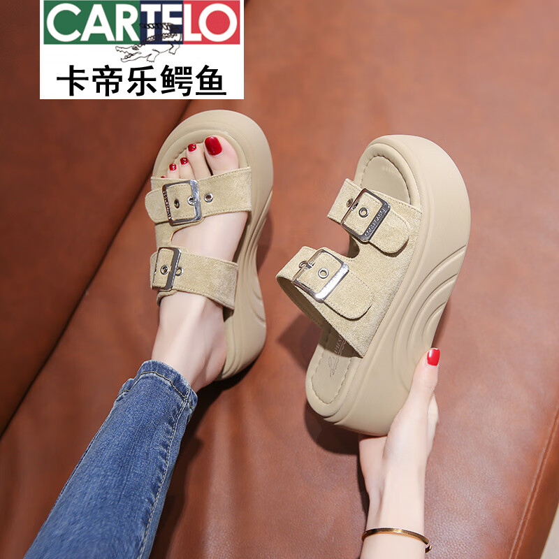 卡帝乐鳄鱼（CARTELO）松糕厚底增高凉拖鞋女夏季外穿2026新款仙女风休闲度假海边沙滩鞋 黑色 40