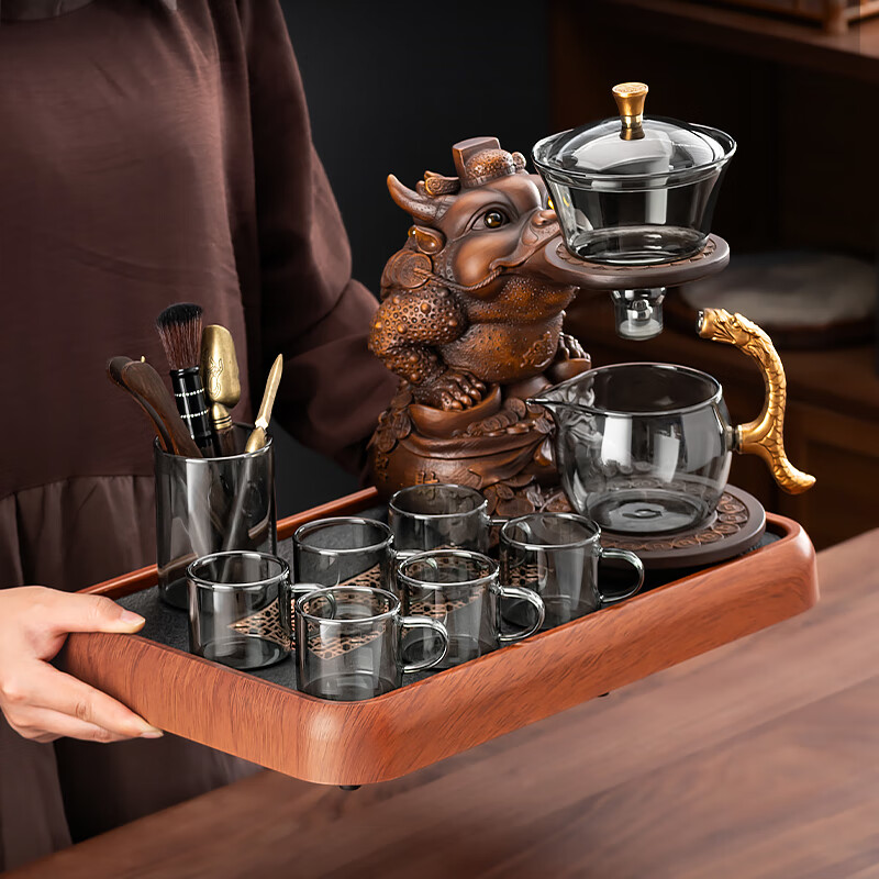 正扬整套玻璃自动茶具套装懒人创意泡茶器磁吸防烫家用高档茶壶功夫杯 烟灰/自动进宝金蟾+6色杯+茶道