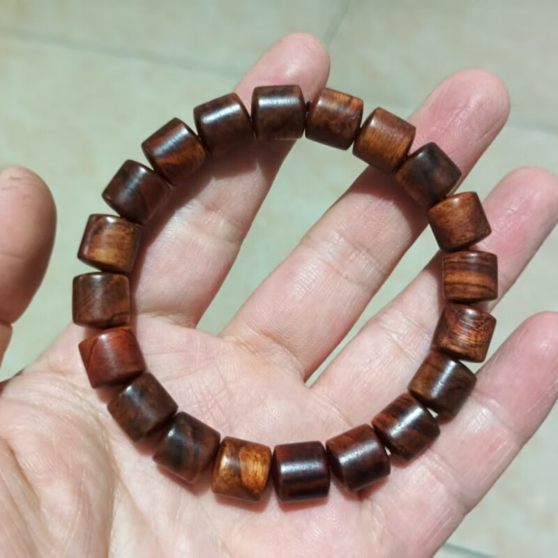 曇蓮海南黃花梨手串男虎斑紋山水紋單圈老型桶珠糠梨小尺寸手串女佛珠 10*10mm*20顆【桶珠款】
