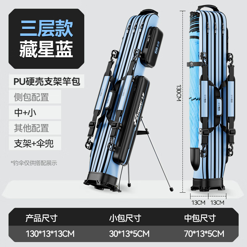 本诺2025新款PU支架竿包多功能钓鱼包硬壳鱼竿包杆包防水渔具包收纳包 PU款【三层双侧包】1.3米藏星蓝