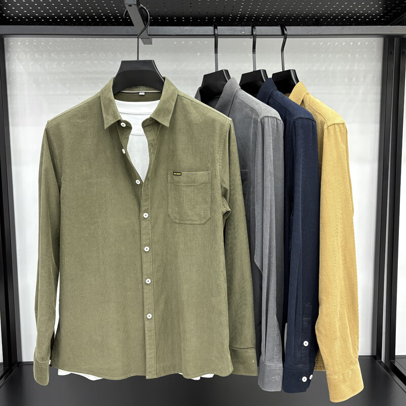 老爷车（LAOYECHE）100%纯棉灯芯绒真口袋男士长袖衬衫纯色休闲秋装衬衣保暖男装寸衫 IF-24620豆绿 L 推荐120-135斤