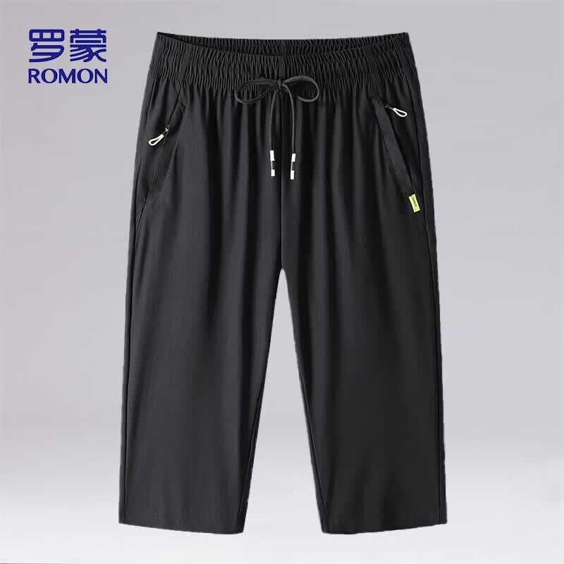罗蒙（ROMON）短裤男夏季冰丝速干休闲户外运动弹力透气大码七分裤子男2105黑XL