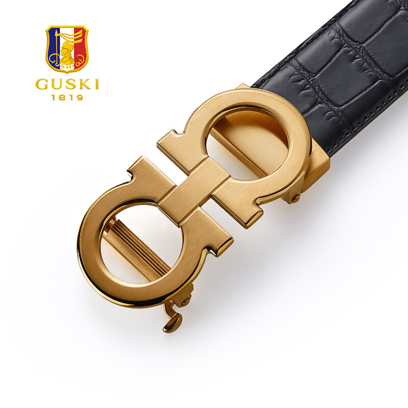古士旗（GUSKI）法国品牌男士皮带男真皮自动扣头层牛皮腰带男裤带生日情人节礼物 金色拨扣+鳄鱼纹【花束礼盒】 115cm -130cm随机/联系客服指定cm
