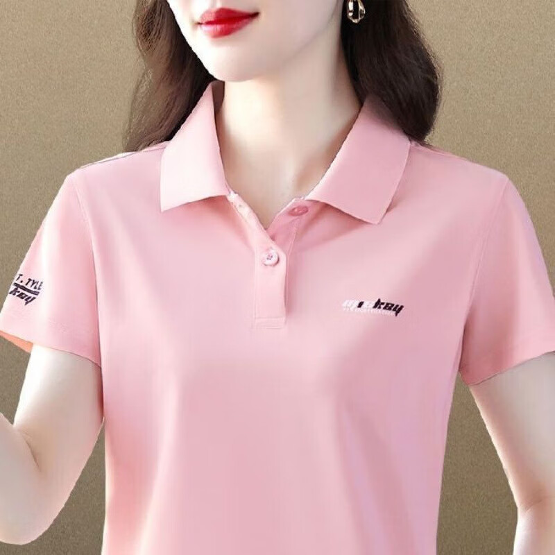 显瘦短袖T恤女夏季新款Polo衫中年大码休闲运动上衣妈妈舒适翻领 浅粉色【单件装】 5XL