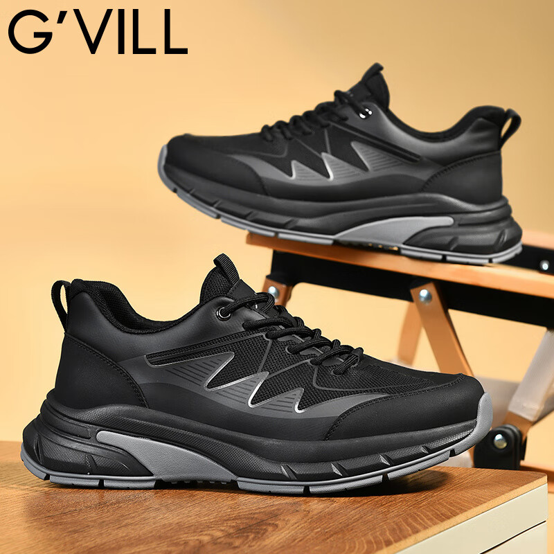 贵之步G'VILL鞋子复古时尚休闲鞋夏季新款男士运动鞋真皮百搭户外跑步鞋 黑色 （G901) 42 （皮鞋码）
