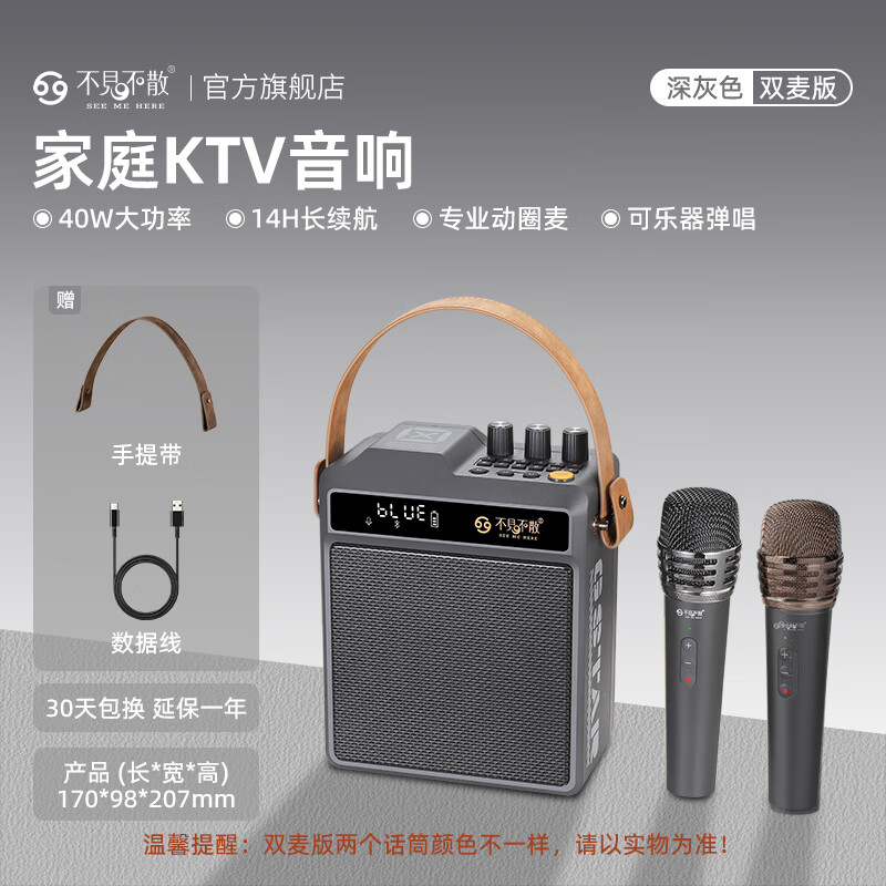 不见不散N5家用专业K歌音响【帮下歌】手提户外便携式大音量手持麦克风卡拉OK广场舞无线蓝牙小音箱 深灰色【双麦版】+32G卡