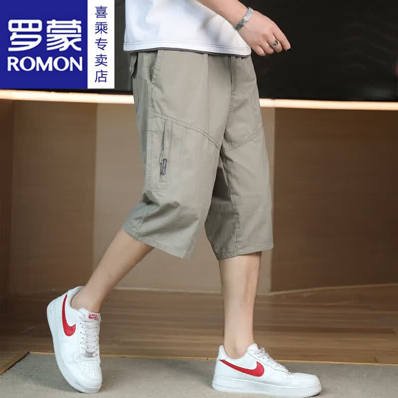 罗蒙(ROMON)纯棉过膝半截大裤衩六分休闲短裤男士潮流百搭直筒七分裤夏季薄款 黑蓝色 XL