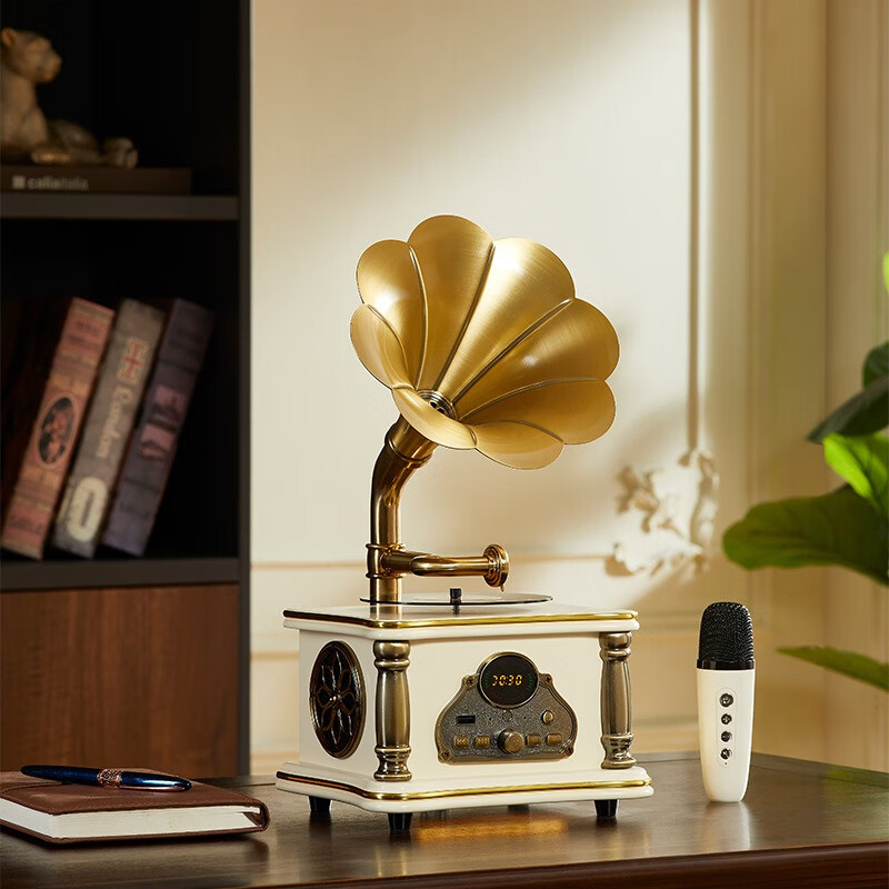 欧蒂诺留声机音箱一体机复古桌面蓝牙音响播放器K歌麦克风装饰摆件礼物 胡桃色带麦克风充插两用-赠U盘