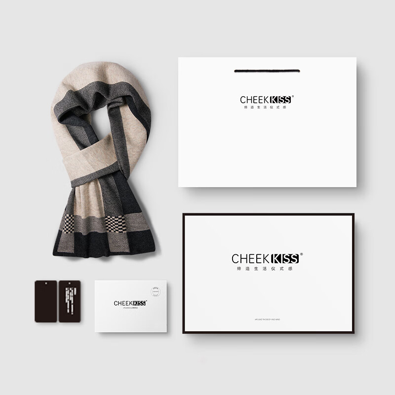 cheekkiss羊毛围巾男冬季加厚羊绒围脖时尚保暖黑色格子围巾送男友