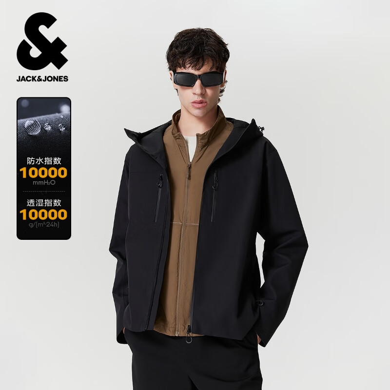 杰克·琼斯（JACK&amp;JONES）男装25年秋季冲锋衣男士连帽防风雨户外单层硬壳宽松休闲夹克外套 E43纯黑色 M （175）