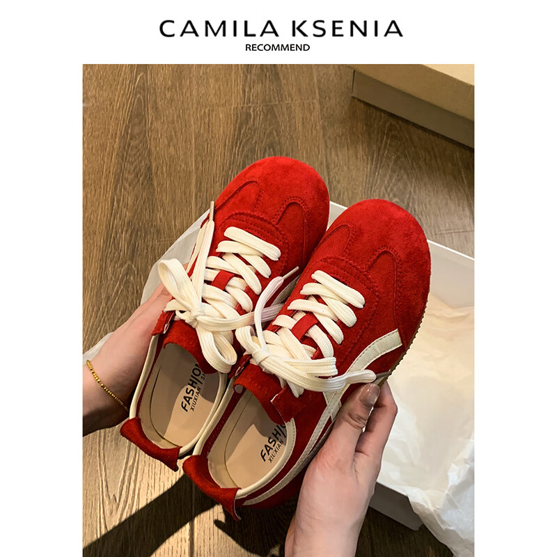 CAMILA KSENIA德训鞋女士2026新款夏季休闲百搭阿甘运动鞋薄款气质拼色平底板鞋 红色 37