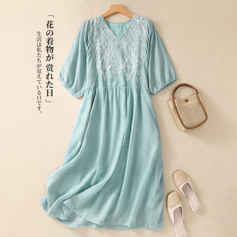 巷前夏季女裝棉麻連衣裙女刺繡寬松休閑高腰垂感棉麻中長款裙子 淺藍(lán)色 M 建議100-120斤