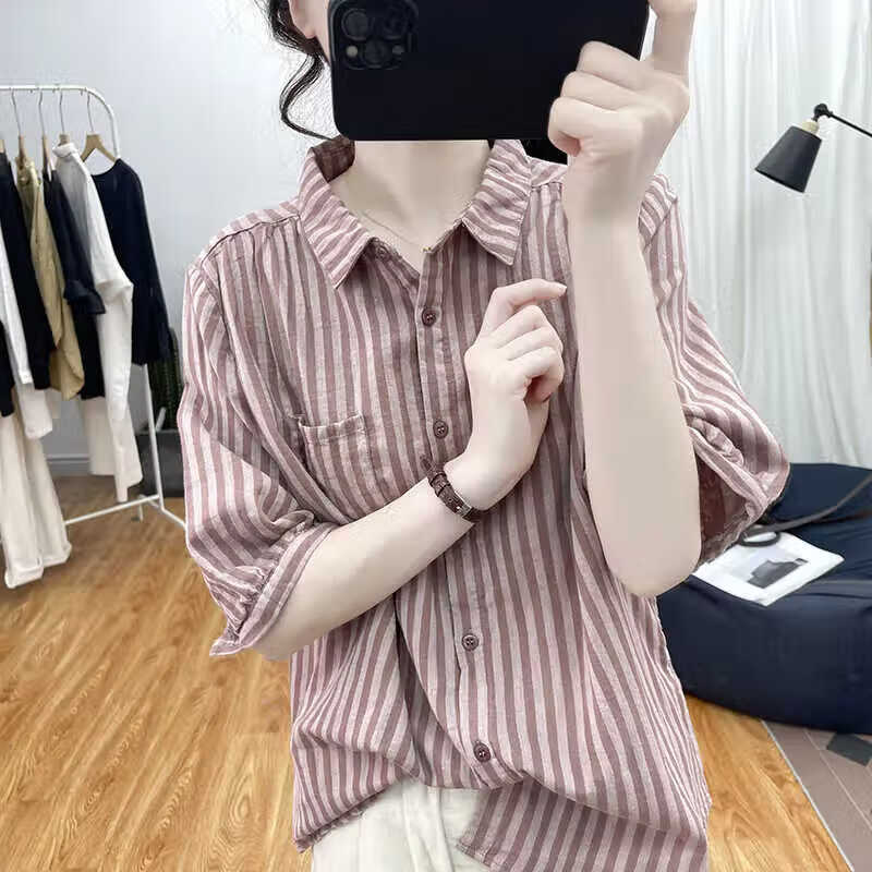 潮梦城短袖衬衫女大码polo领衬衣女2025夏季新款宽松显瘦上衣条纹短袖衬 暗粉色 M  建议是