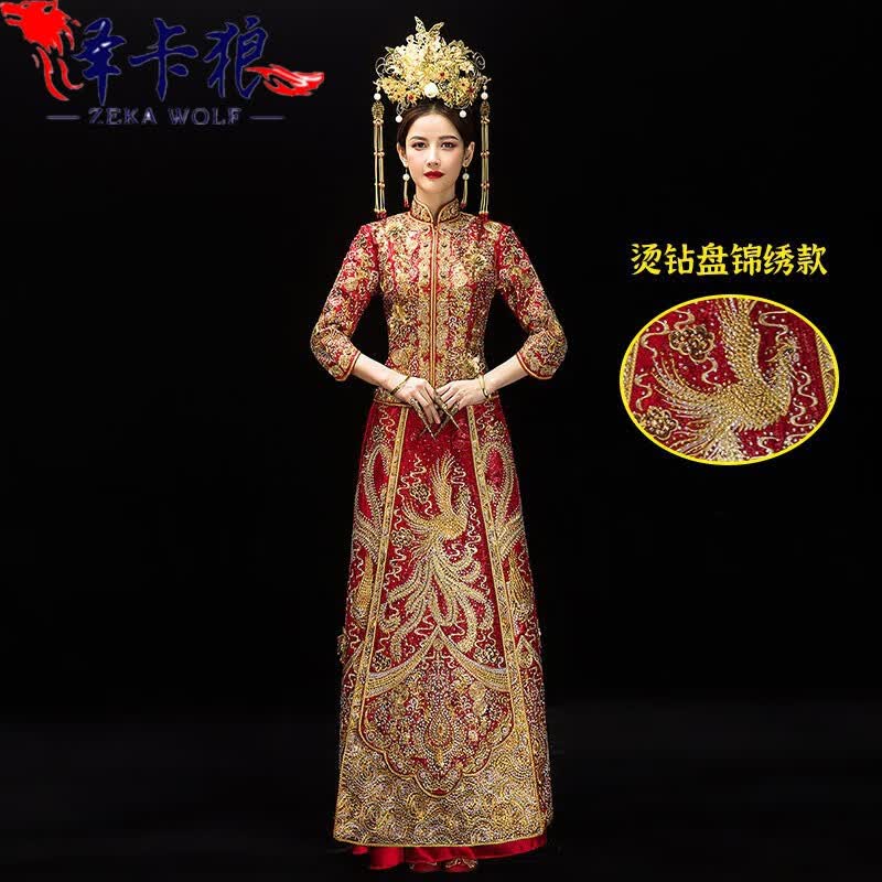 泽卡狼禾服新娘2023新款中式婚纱凤冠霞帔礼服结婚嫁衣高定龙凤褂出阁服 200烫钻 L怎么看?