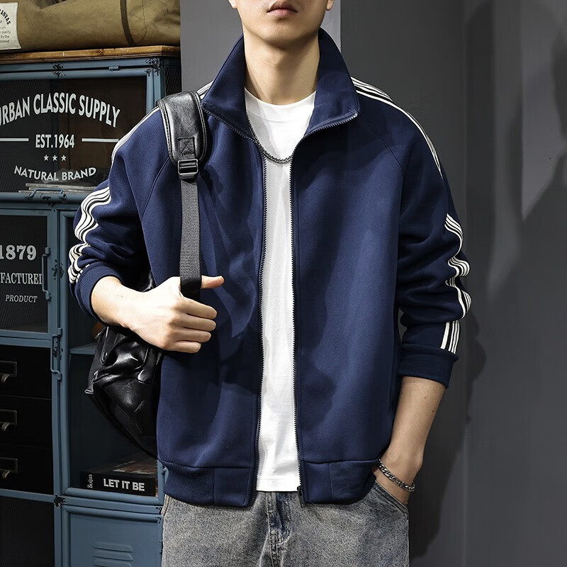 新百伦高端开衫卫衣外套男士秋冬新款潮流加绒加厚夹克男运动休闲上衣 藏青 常规 XL 码【合适145-165斤】