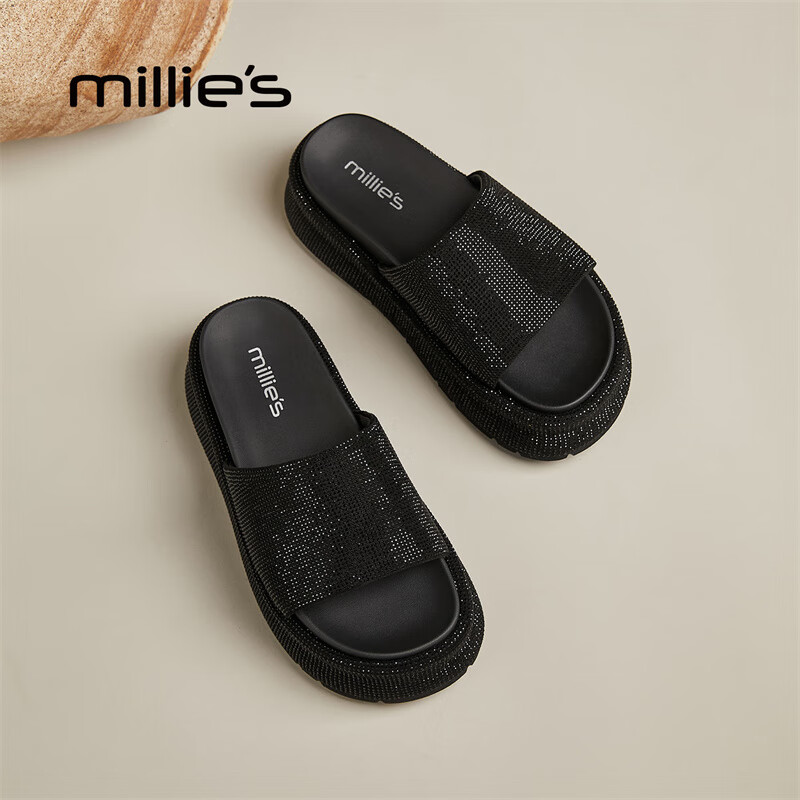 妙丽拖鞋女厚底外穿露趾细钻时尚2025夏季新款百搭配裙子半拖鞋 黑色 37 (235mm) 标准码