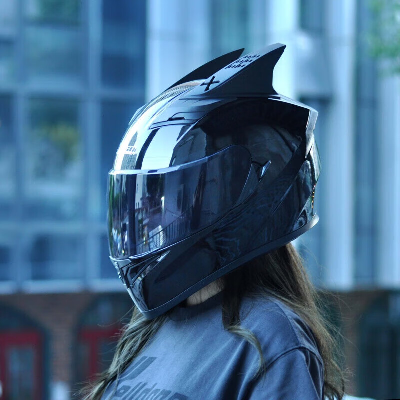 玖紋豹機(jī)車電動(dòng)摩托車頭盔3C認(rèn)證可內(nèi)置藍(lán)牙雙鏡男女個(gè)性全盔騎行安全盔 亮黑+犄角+茶鏡 2XL