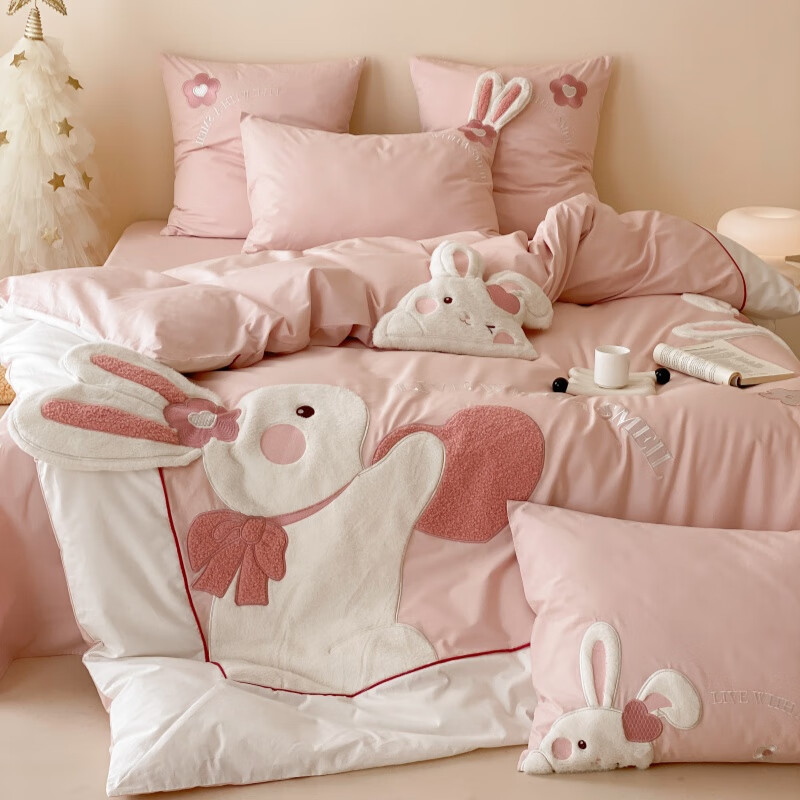 恒源祥卡通小兔子全棉水洗棉四件套可爱纯棉床单被套儿童公主风床上用品 1.2m床单款(被套150*200cm