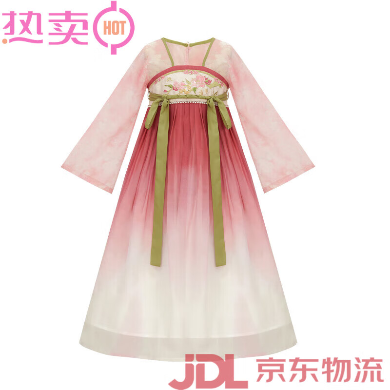 十三余童装[春日宴]国风汉服女童新款刺绣三色唐装连衣裙夏季 粉色-连衣裙_现货 S 110