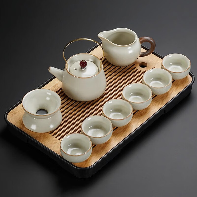 祥業(yè)2025新款汝窯功夫茶具套裝陶瓷茶壺蓋碗茶杯茶盤(pán)輕奢家用喝茶 1米黃汝窯故里提梁壺六杯套+ 9件