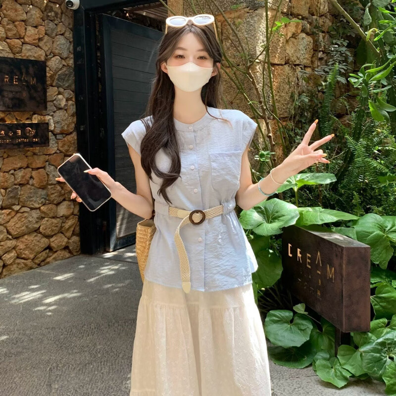 恒源祥小清新飞袖上衣女夏新款多巴胺穿搭套装法式独特漂亮掐腰短袖衬衫 黄色 S 80--95斤左右