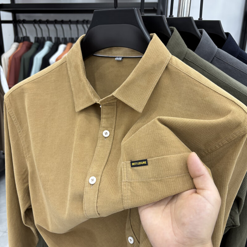 老爷车（LAOYECHE）100%纯棉灯芯绒真口袋男士长袖衬衫纯色休闲秋装衬衣保暖男装寸衫 IF-24620豆绿 L 推荐120-135斤