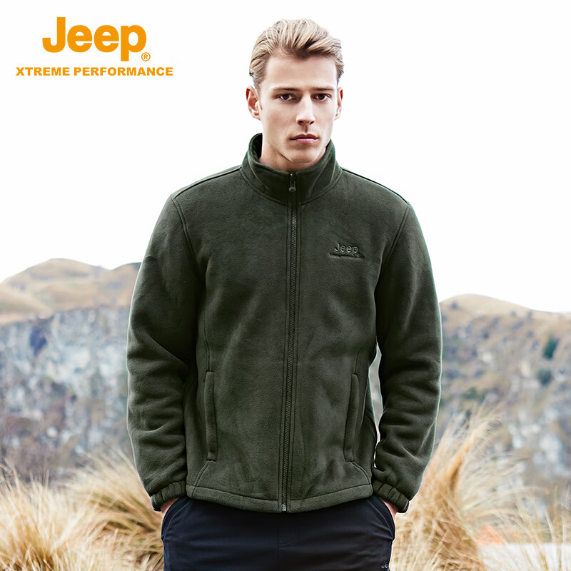 Jeep抓绒衣男户外加厚摇粒绒l开衫立领外套保暖防寒加绒长袖打底衫 深军绿【全拉链款】 M