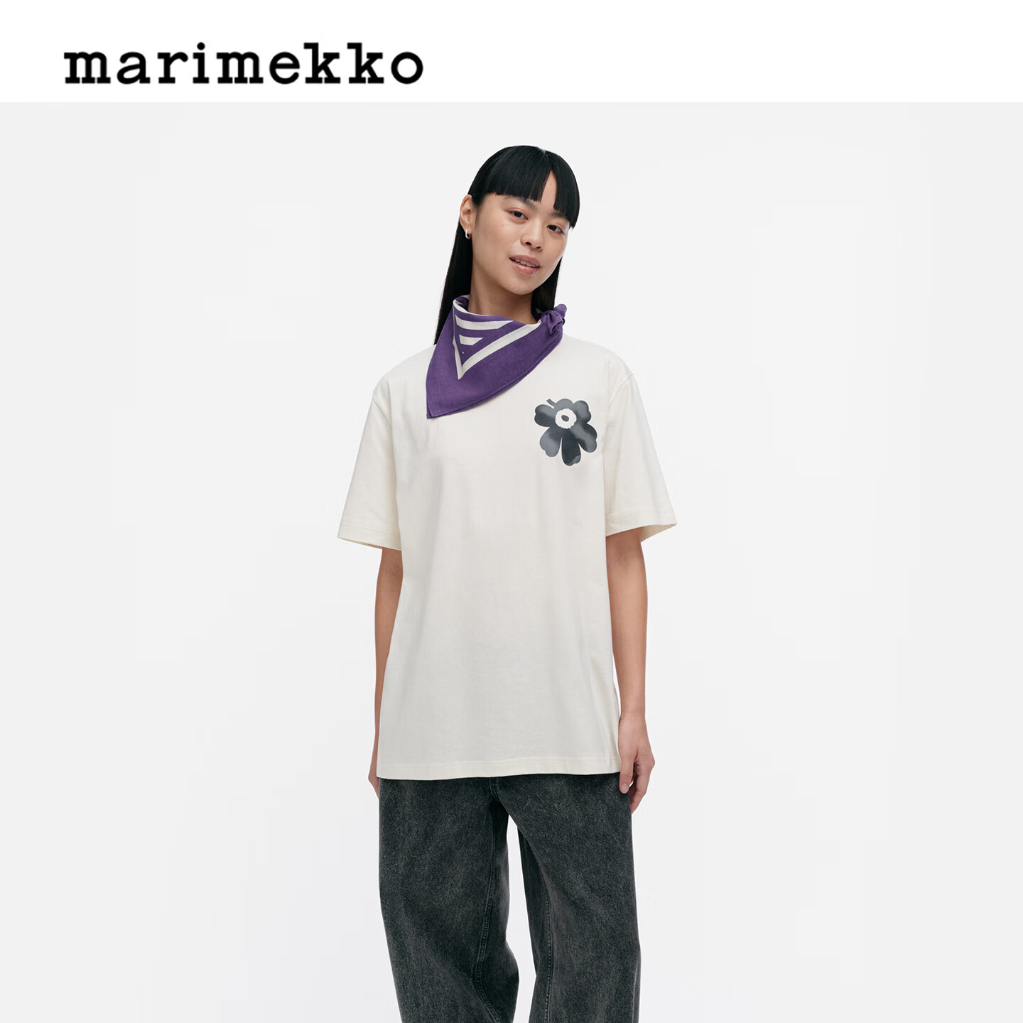 marimekko玛莉美歌【Unikko游霓可印花】早春纯棉短袖T恤宽松休闲上衣 米白色、黑色、灰色 S