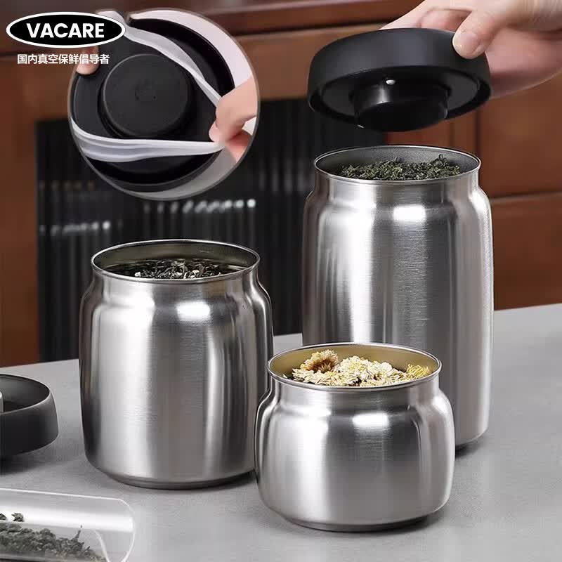 Vacare真空密封罐按压式食品级罐茶叶罐咖啡豆储存罐厨房收纳罐 不锈钢真空罐400ml+800ml+1200ml