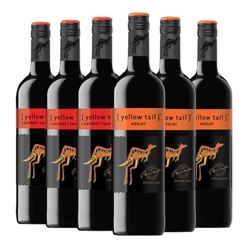 黄尾袋鼠(Yellow Tail)【官旗】西拉加本力葡萄酒750ml*6整箱原瓶进口干红红酒 礼品 世界梅洛*3 加本力苏维翁*3