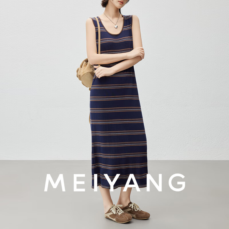 美洋（MEIYANG）线迹针织连衣裙 天丝羊毛_条纹U领无袖背心裙 藏蓝色 L