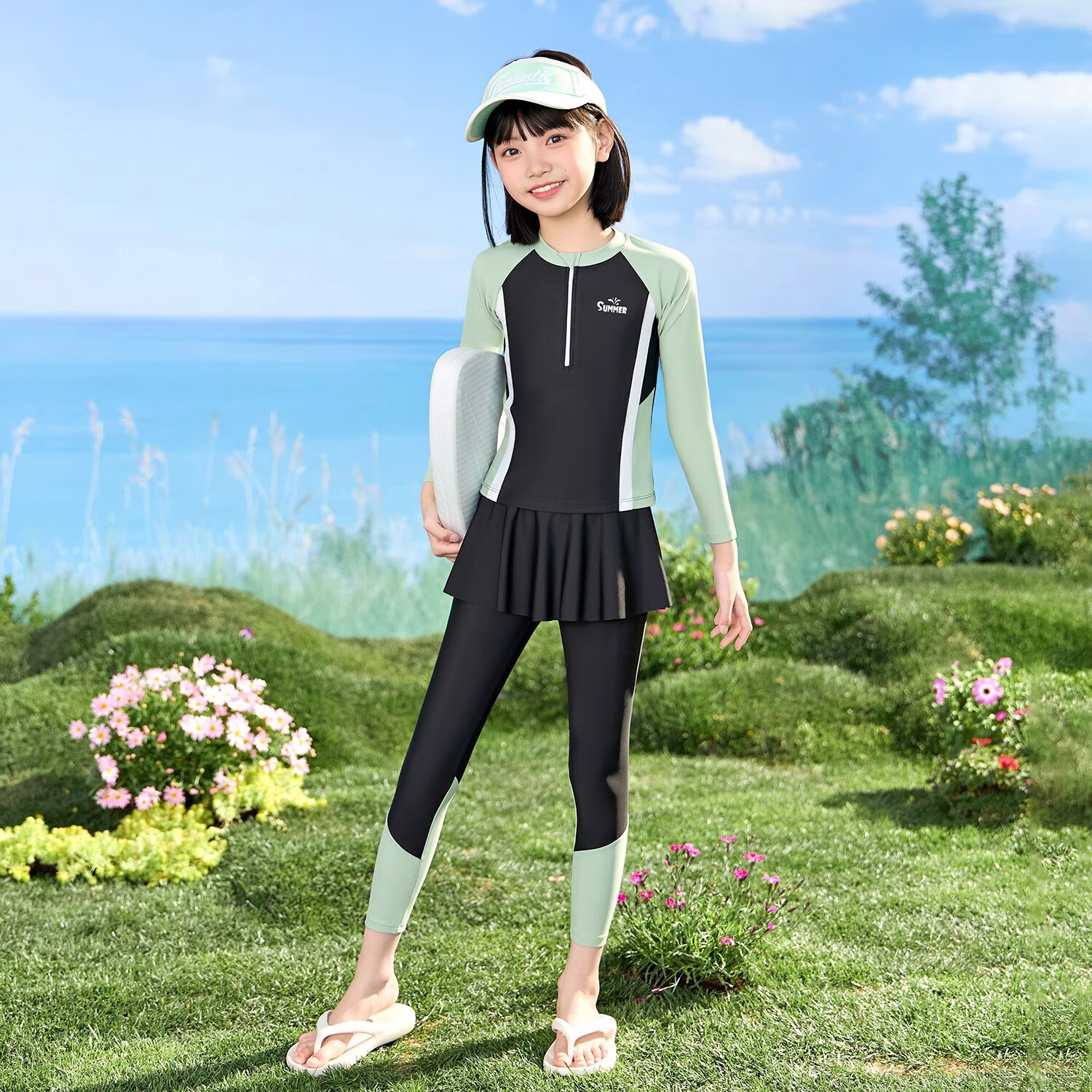 佑游儿童泳衣女童2025夏季新款速干防晒长袖分体泳装中大童女孩游泳衣 绿色 【可拆裙款】 145 （4XL高140-150体重55-75斤）