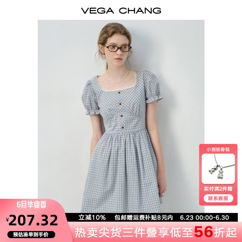 VEGA CHANG法式连衣裙女2025新款夏季甜美减龄格纹方领泡泡袖短裙 蓝色格纹 M