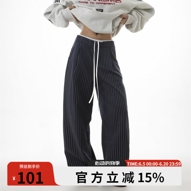 ICH MODE美式復(fù)古運動條紋休閑褲女2025新款薄款垂感闊腿直筒褲男 藍色 L