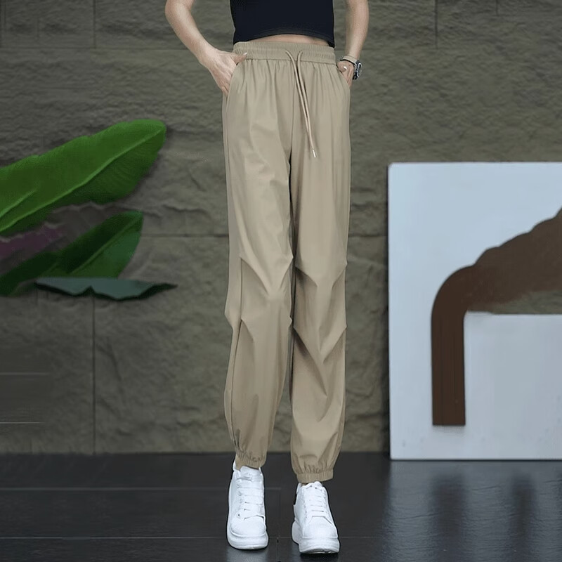 芳嫔运动裤夏季女小个子冰丝运动宽松束笼凉凉防晒九分休闲子 卡其色 M 均码