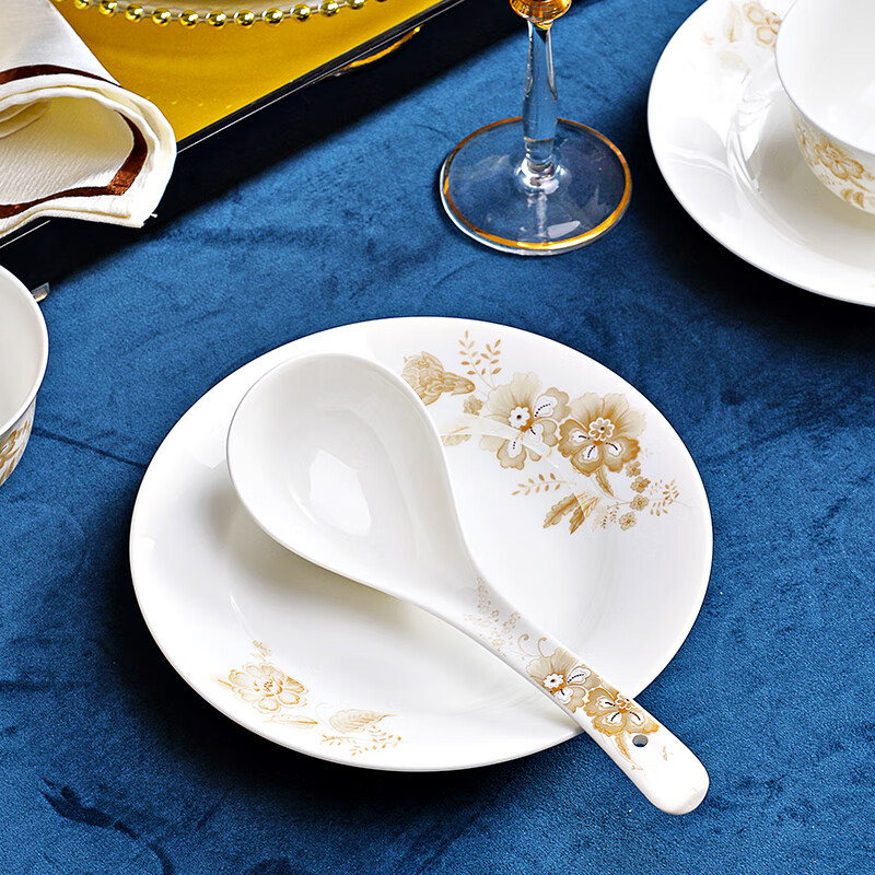 京峰阁 碗盘餐具整套碗具套装 景德镇陶瓷碗碟家用乔迁碗筷套装礼品 国色天香餐具礼盒装