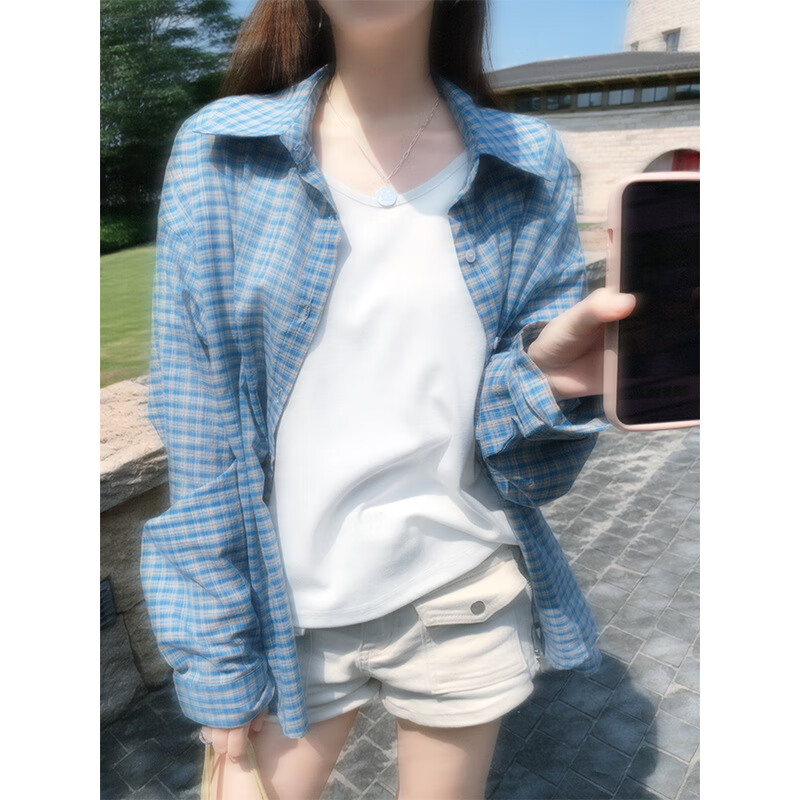 【优选】慵懒风休闲蓝色格子衬衫女2025早秋新款宽松百搭长袖防晒 蓝色 S
