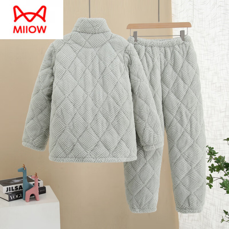 猫人(MiiOW)睡衣女秋冬季加厚加绒珊瑚绒夹棉三层保暖可外穿法兰绒家居服套装 一套过冬 杏仁黄纽扣 L 女适合80-105斤左右