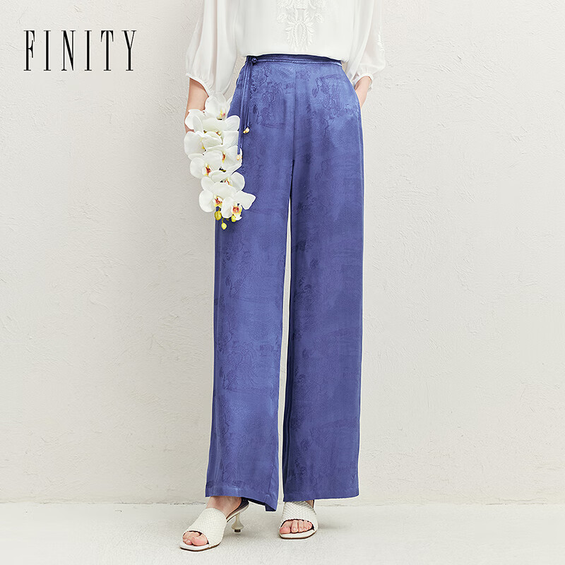 菲妮迪（FINITY）【新中式】休闲裤2025夏季新款国风设计感宽松裤子女 深蓝色 M