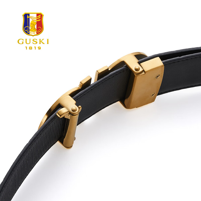 古士旗（GUSKI）法国品牌男士皮带男真皮自动扣头层牛皮腰带男裤带生日情人节礼物 金色拨扣+鳄鱼纹【花束礼盒】 115cm -130cm随机/联系客服指定cm