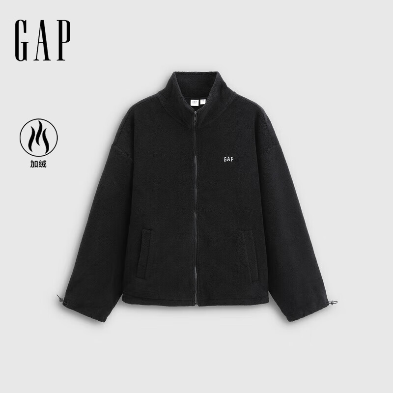 GAP女装2025秋季新款刺绣logo摇粒绒宽松拉链立领外套保暖829622 黑色 M (165/88A) 亚洲尺码