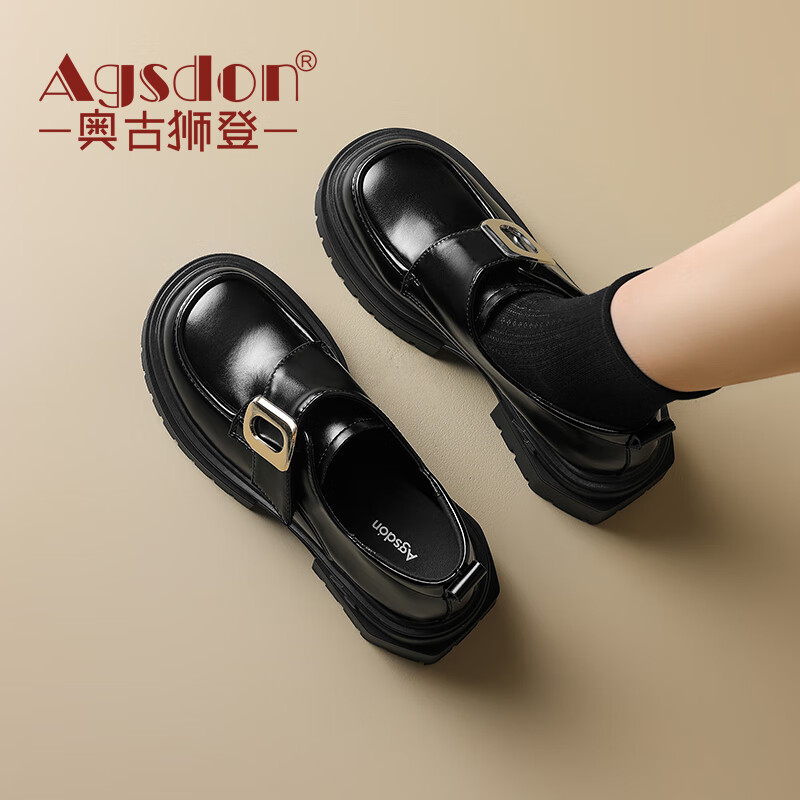 奥古狮登（Agsdon）小皮鞋女春季新款英伦风复古乐福鞋女一脚蹬粗跟通勤单鞋 黑 37