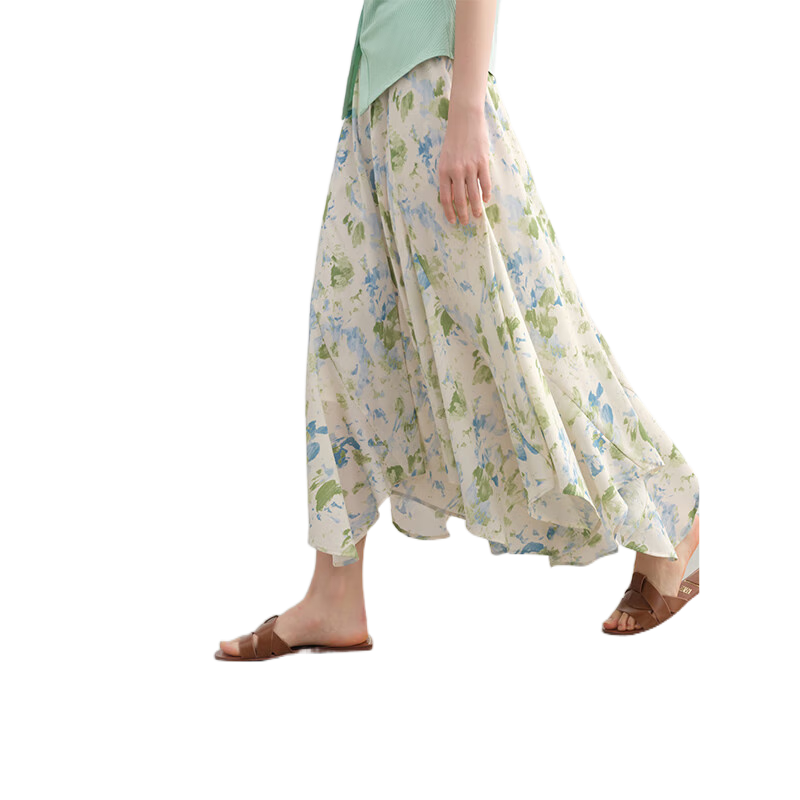 獨束（DUSHU）新品大碼油畫碎花半身裙顯瘦A字裙 青蘋果蒼蘭 M 1