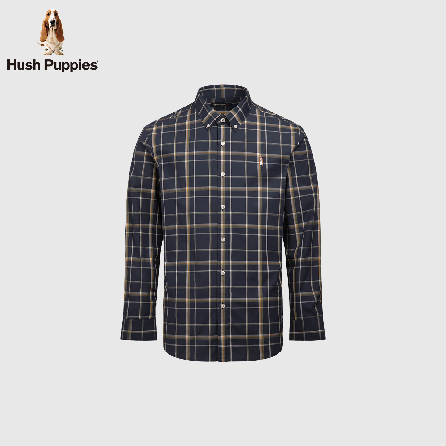 暇步士(Hush Puppies)【舒适全棉】男装2025秋季简约基础款格纹长袖衬衫 墨蓝色 XL