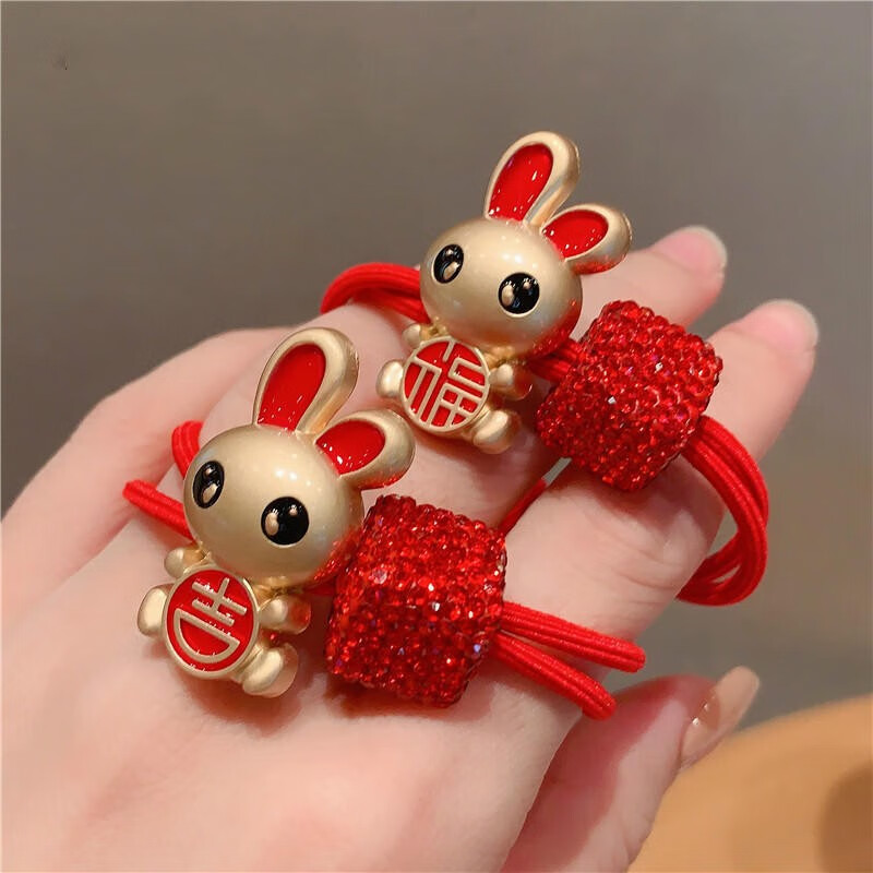 我曾中国风新年发饰红色可爱兔子发圈兔年吉祥发绳少女百搭橡皮筋头绳 两条