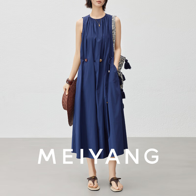 美洋（MEIYANG）白露连衣裙 文艺女神 褶皱圆领腰绳无袖背心裙 蓝色（常规版） L