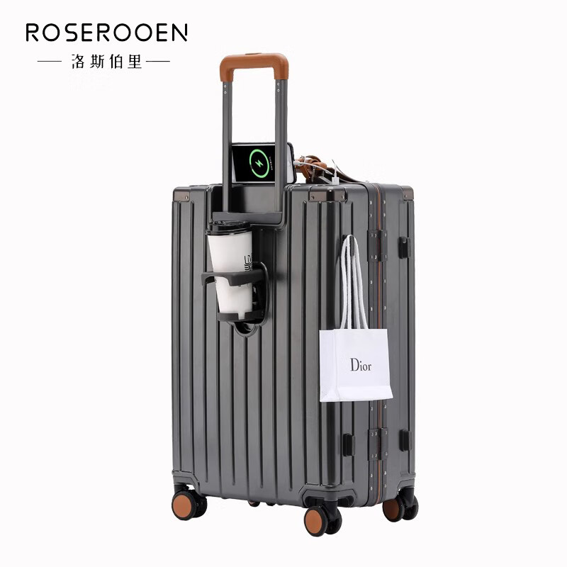 洛斯伯里（Roserooen）行李箱拉杆箱女20寸登机箱铝框旅行箱男刹车多功能万向轮密码箱 枪灰色-减震刹车-折叠杯架 24英寸