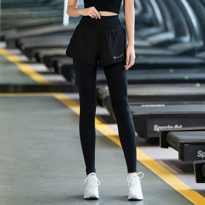 朵梵蓮（Duofanlian）春秋新款高弹假两件运动长裤保暖跑步裤子打底裤瑜伽裤女速干 黑色长裤 3XL