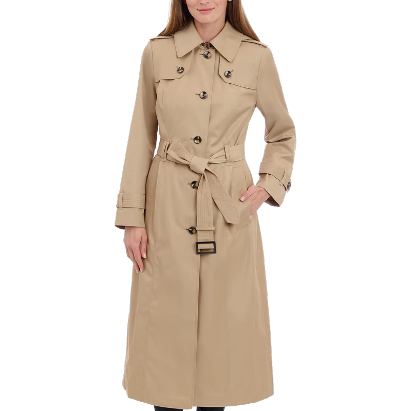 倫敦霧LONDON FOG 女式單排扣長款風(fēng)衣 帶肩章和腰帶 Br Khaki 中號(hào)